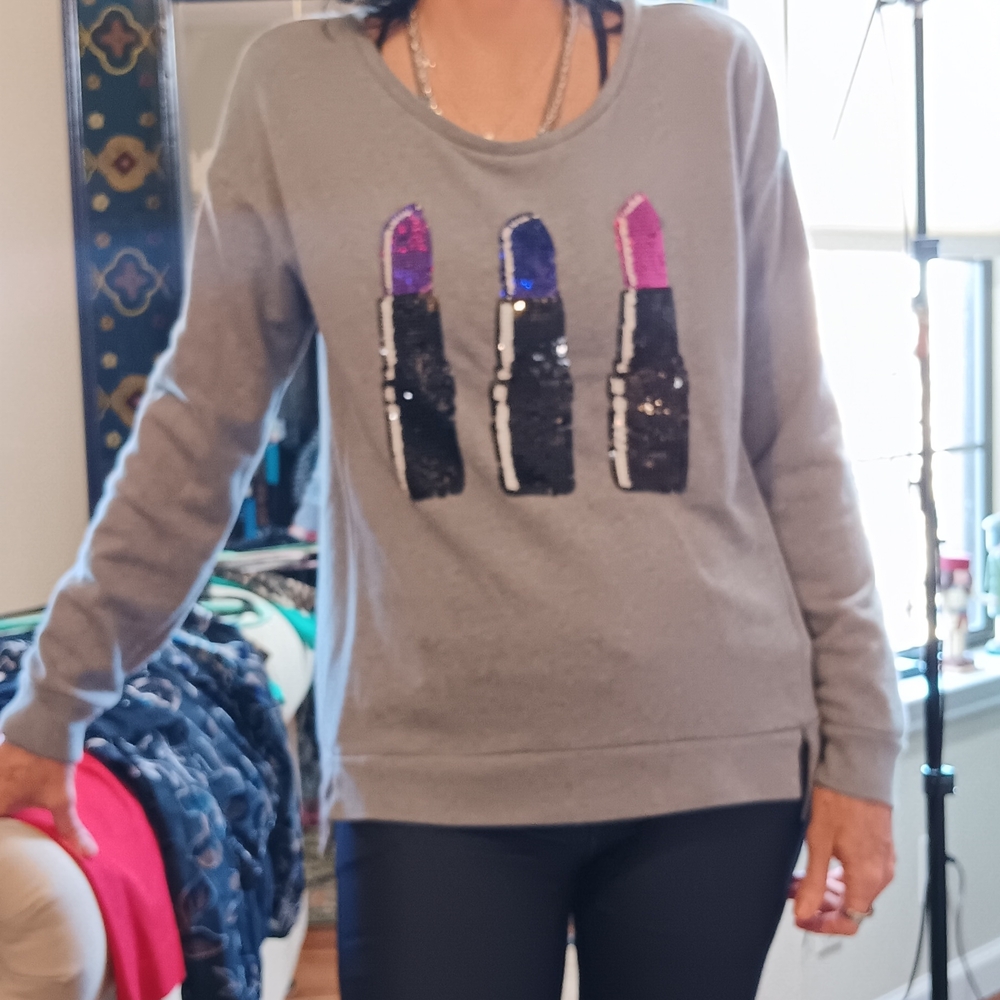 Juicy Couture Gray Sequin Lipstick Sweater
